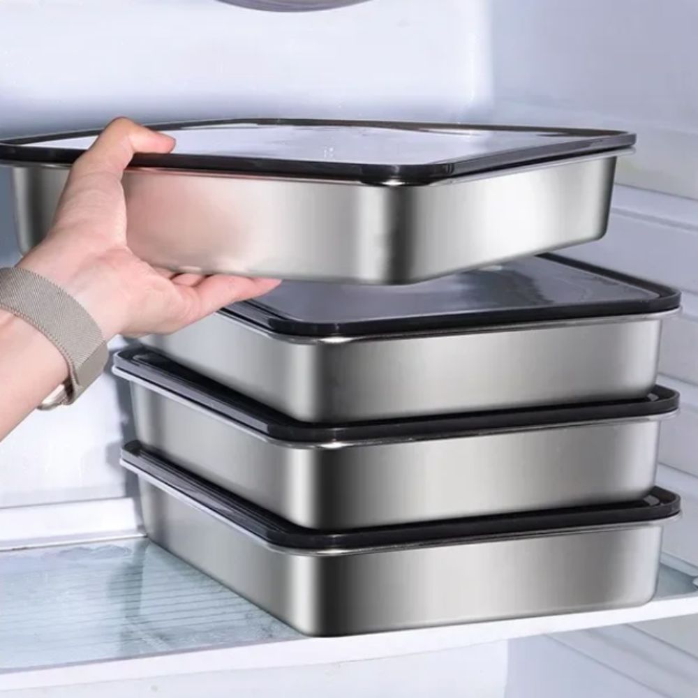 Meal Prep Menu - Edelstahl Frischhaltebox Rechteckig Antihaftbeschichteter Boden Lebensmittel-Aufbewahrungsschale