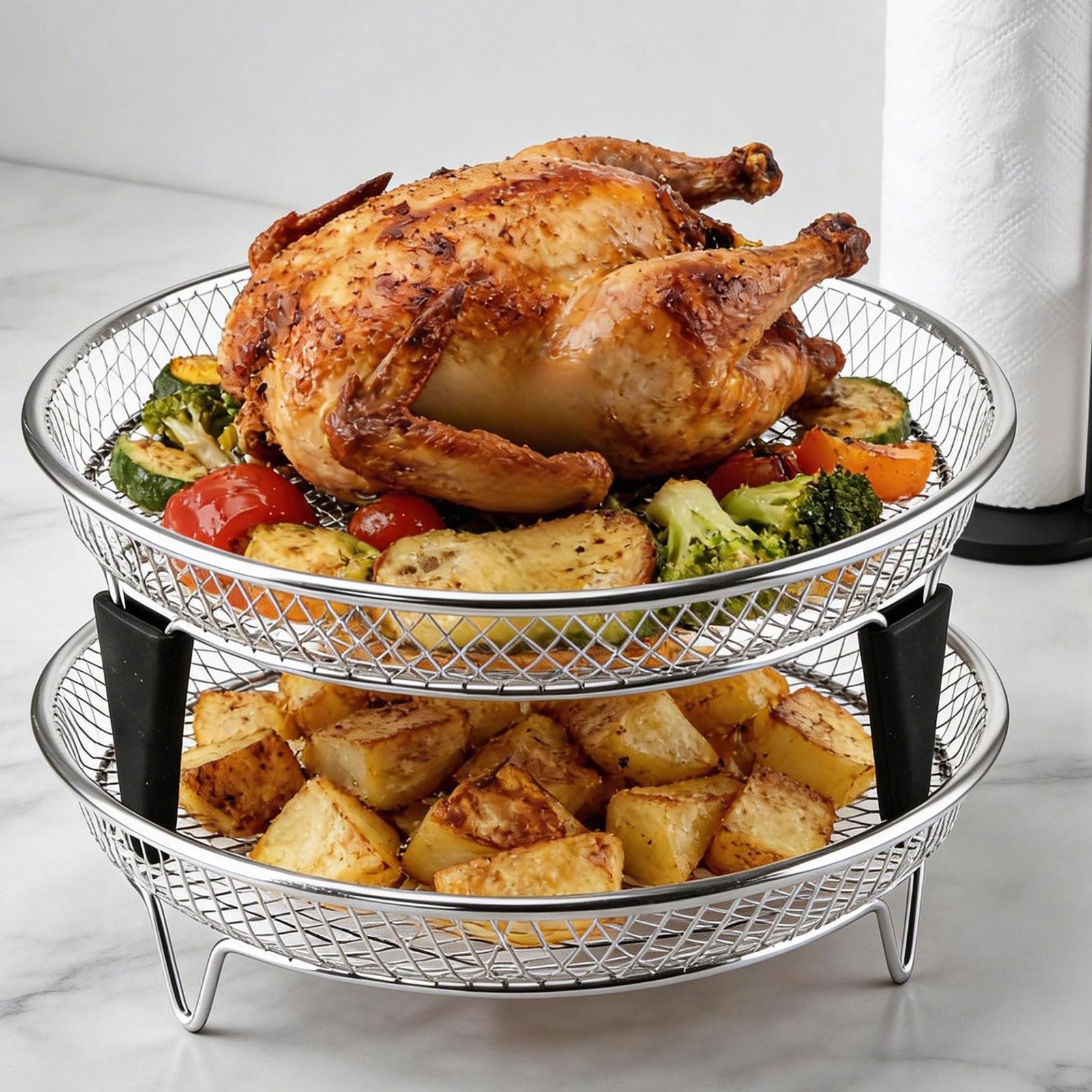 Meal Prep Menu - Heißluftfritteuse-Zubehör: Stapelbares Edelstahl-Tablett, 2-teiliges Heißluftfritteuse-Gestell für