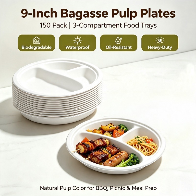Meal Prep Menu - 150 Stück 9-Zoll Einwegteller aus Bagasse-Zellstoff