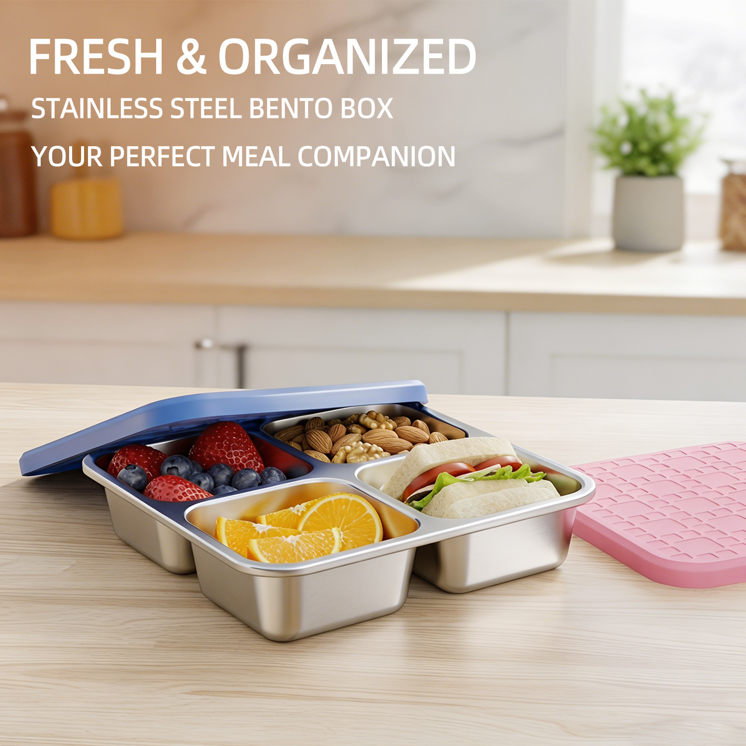 Meal Prep Container - 304 Edelstahl-Lunchbox mit 4 Fächern und